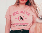 "Girl Math University" design on a peach unisex t-shirt