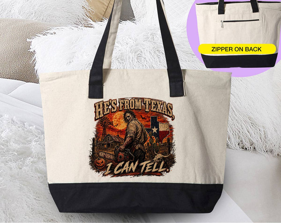 "He's From Texas I Can Tell Funny Halloween" design on a natural canvas zippered tote bag