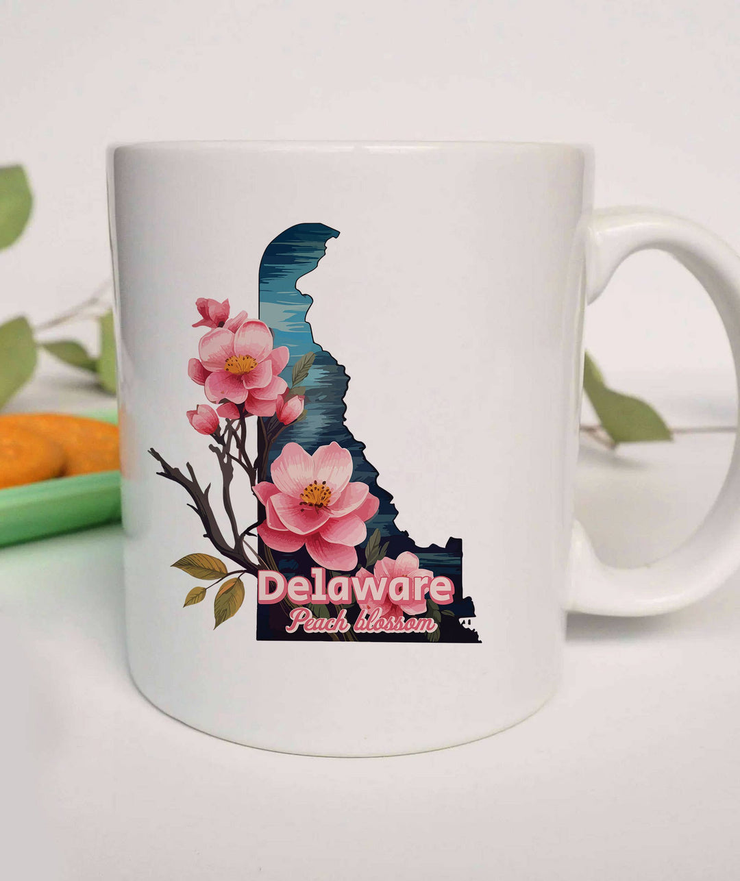 "Delaware State Flower Peach Blossom" design on a white ceramic coffee mug