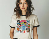 "Summer Days Good Vibes Beach Collage" design on a natural ringer t-shirt with black contrast trim