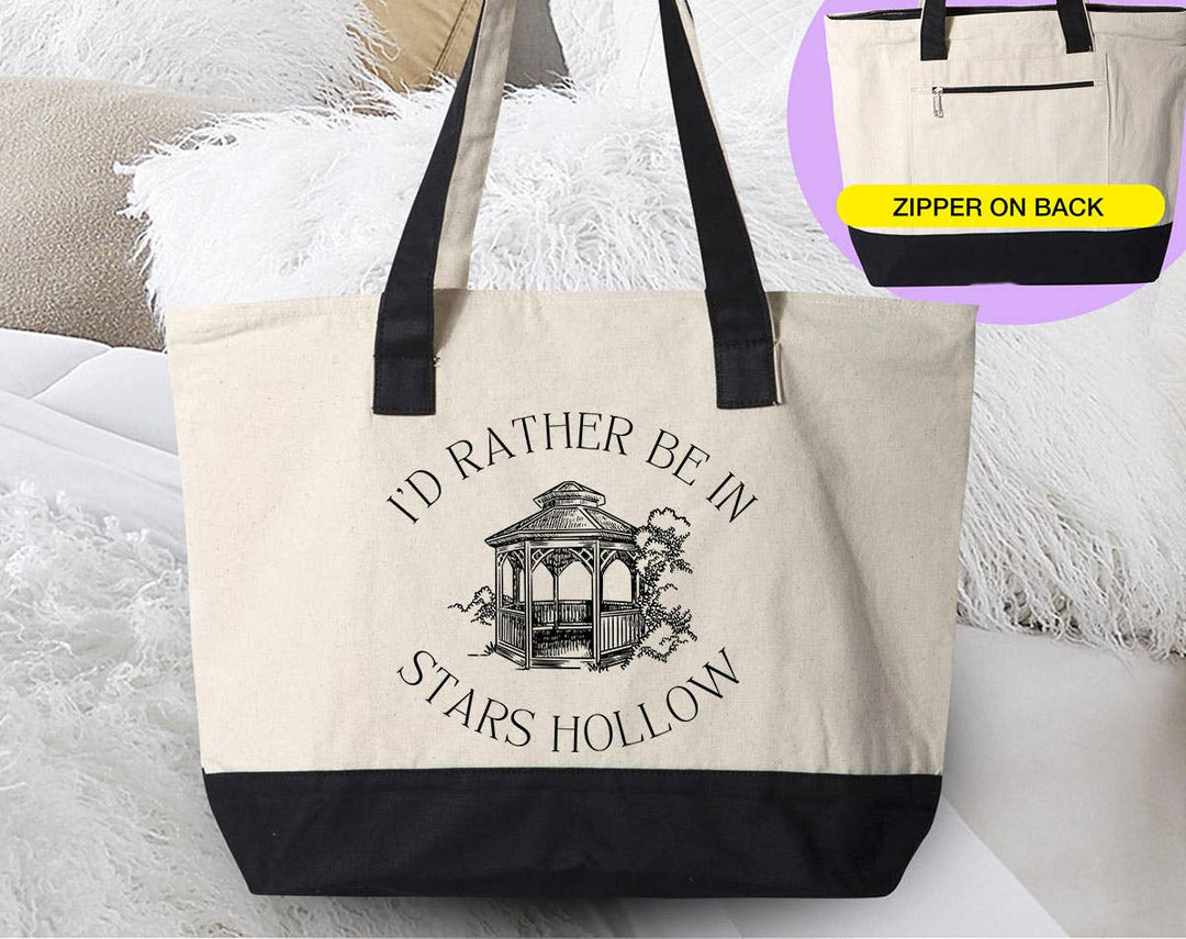 "I'd Rather Be In Star Hollow Gilmore Girls" design on a natural canvas zippered tote bag
