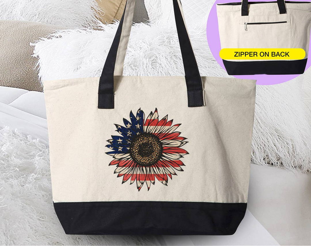 "4th of July" design on a natural canvas zippered tote bag