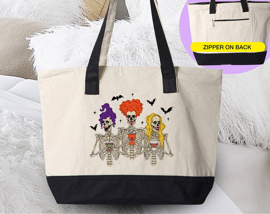 "Hocus Pocus Skeleton" design on a natural canvas zippered tote bag