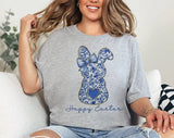 "Happy Easter Blue Bunny" design on a heather gray unisex t-shirt
