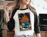 "Emotional Dumpster Tarot" design on a white baseball raglan tee with black sleeves