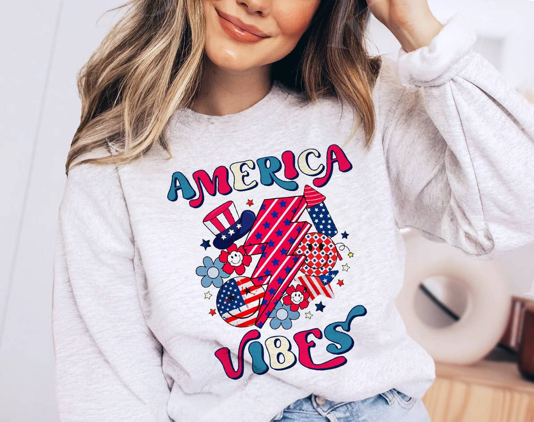 "4th of July America Vibes" design on an ash gray unisex crewneck sweatshirt