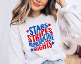 "Stars Stripes Reproductive Rights" design on an ash gray unisex crewneck sweatshirt