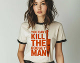 "You Can't Kill The Boogey Man" design on a natural ringer t-shirt with black contrast trim