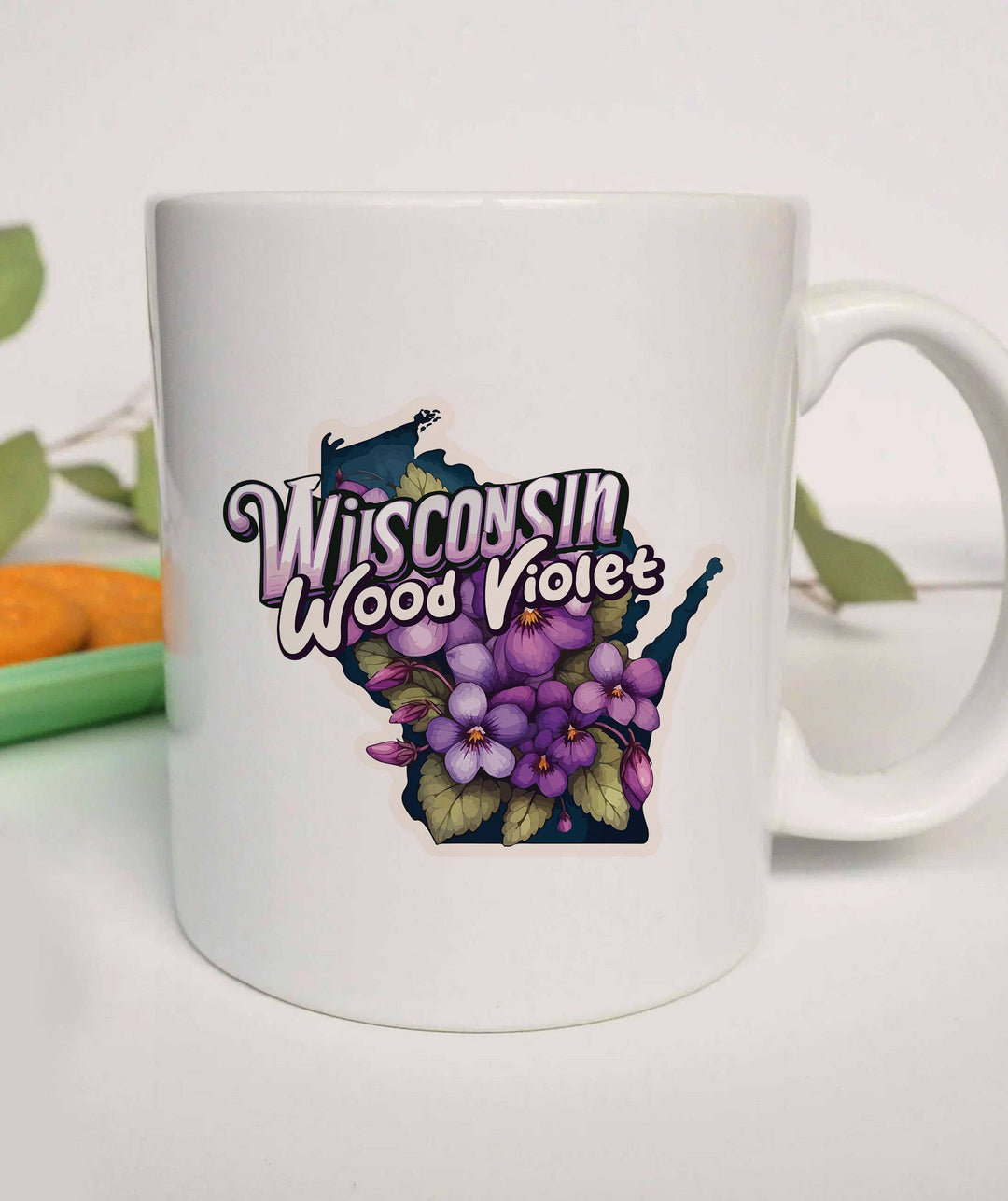 "Wisconsin State Flower Wood Violet" design on a white ceramic coffee mug