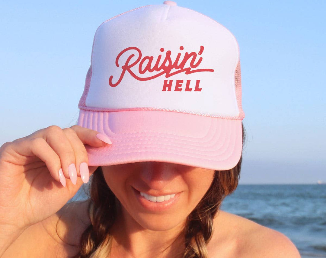 "Raisin' Hell Bachelorette" design on a mesh-back snapback trucker hat