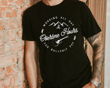 "Overtime Hours Mountain Oliver Anthony" design on a black unisex t-shirt