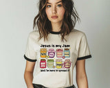 "Jesus Is My Jam" design on a natural ringer t-shirt with black contrast trim