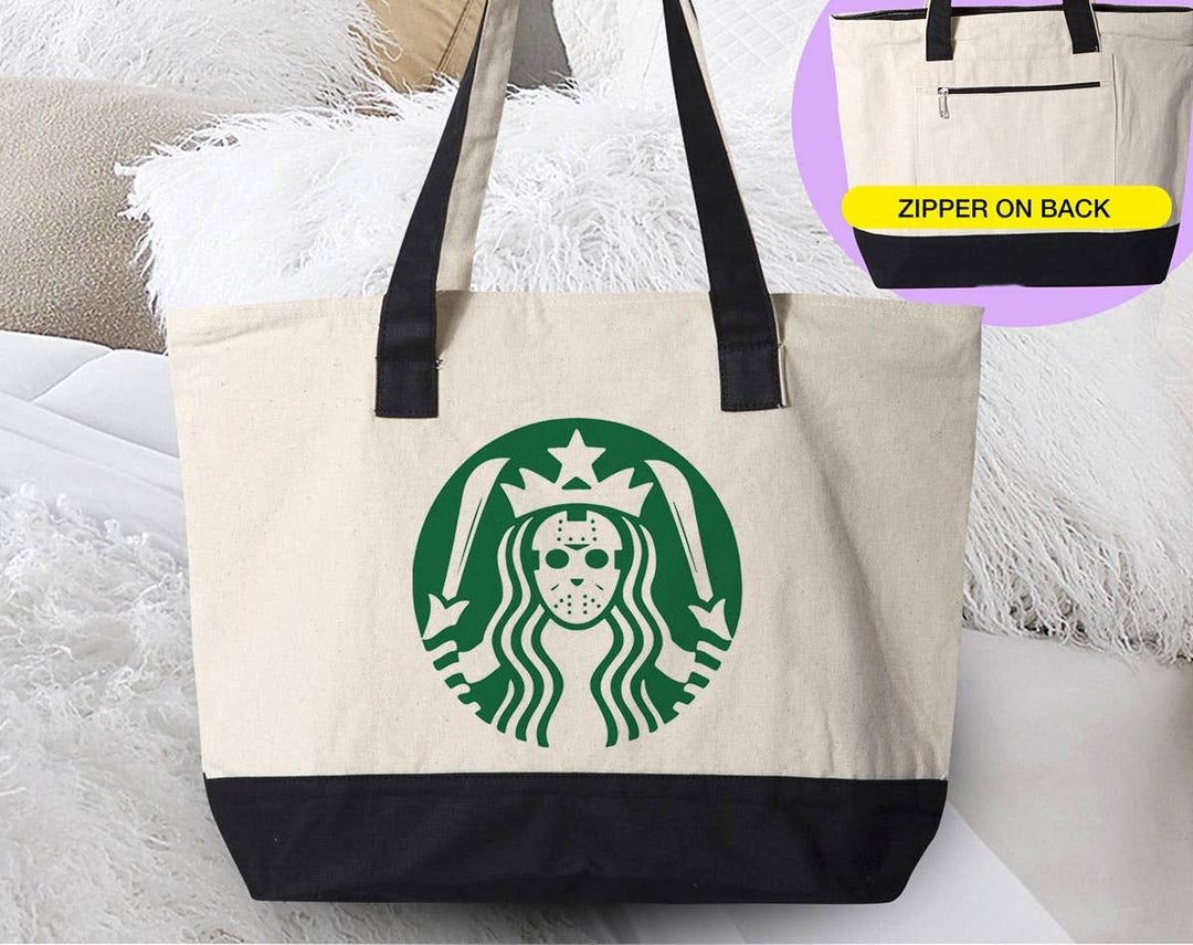 "Jason Bucks" design on a natural canvas zippered tote bag