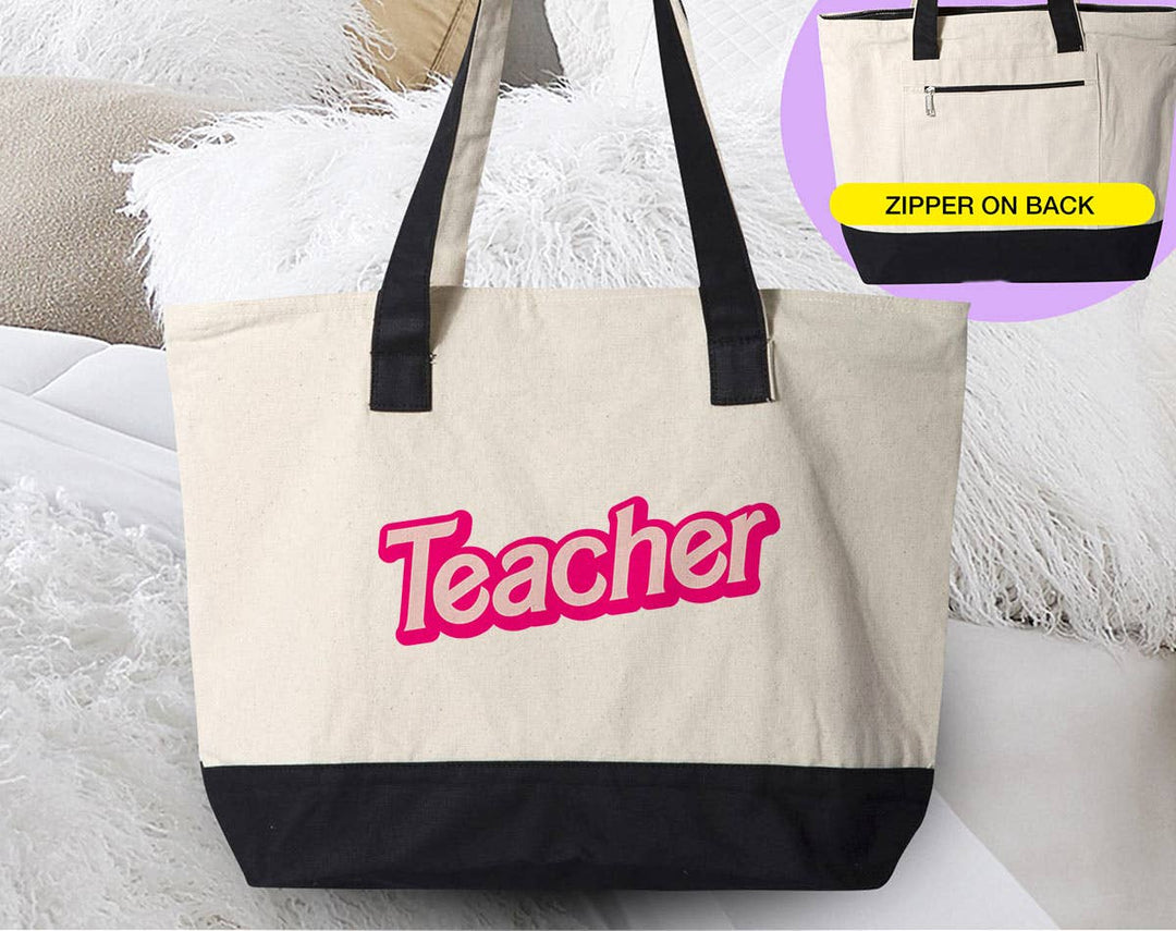 "Teacher Barbie Inspired" design on a natural canvas zippered tote bag