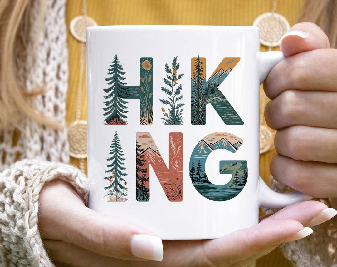 "Hiking Tree Nature Drawing" design on a white ceramic coffee mug
