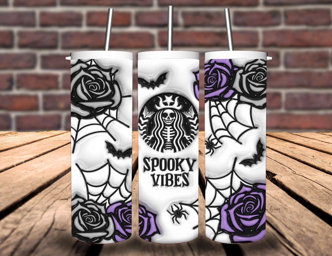 "Spooky Vibes Coffee" design on a 20 oz skinny tumbler with lid and straw