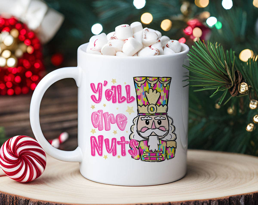 "Y'all Are Nuts" Christmas design on a white coffee mug