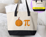 "Pumpkin Pi" design on a natural canvas zippered tote bag