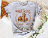 "Pumpkin Spice Social Club" design on a heather gray unisex t-shirt