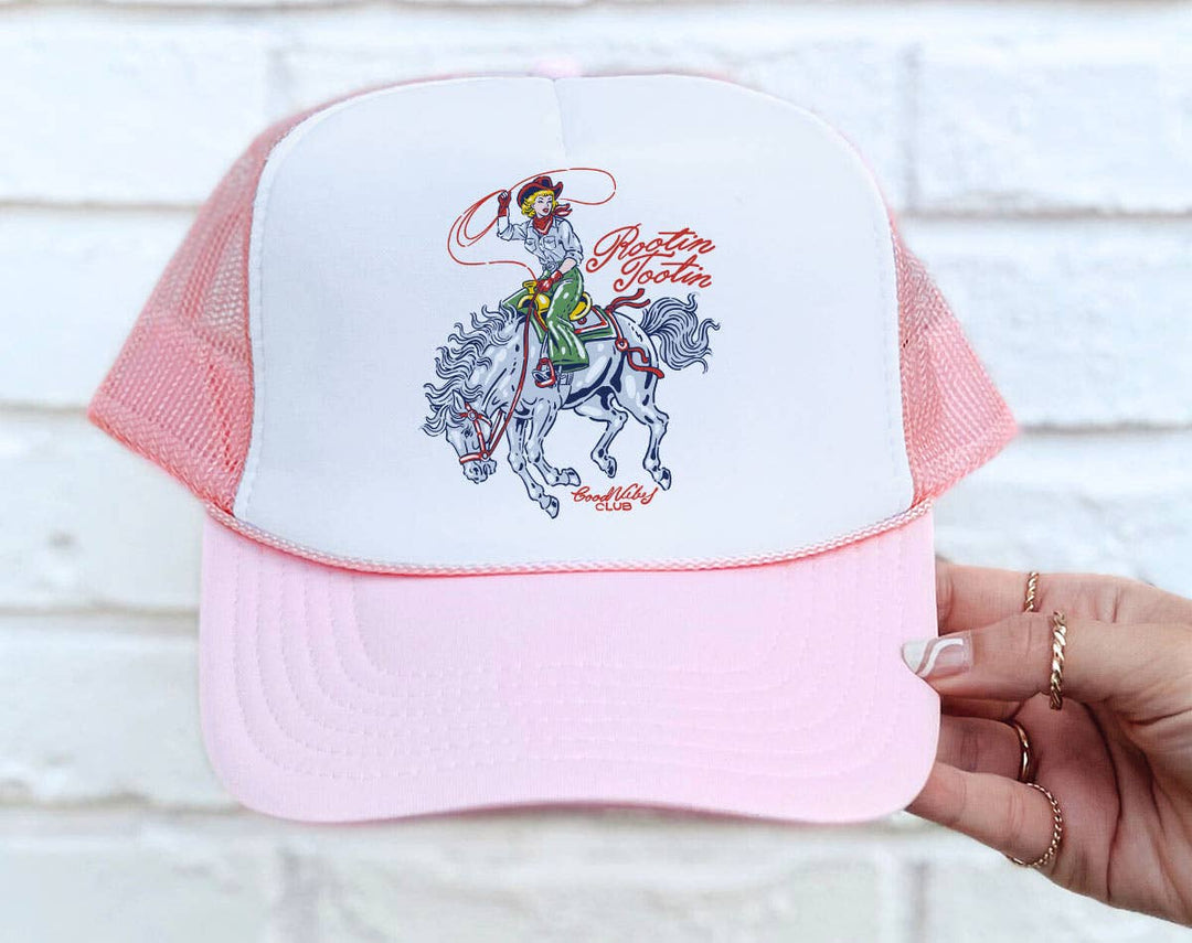 "Rootin Tootin Cowgirl" design on a mesh-back snapback trucker hat