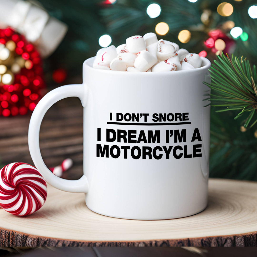"Dad Motorcycle Snoring" design on a white ceramic coffee mug