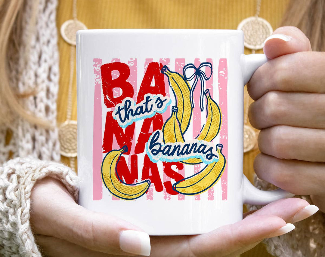"That's Bananas" design on a white ceramic coffee mug