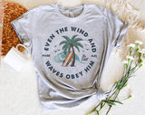 "Even The Wind & Waves Obey Him" design on a heather gray unisex t-shirt
