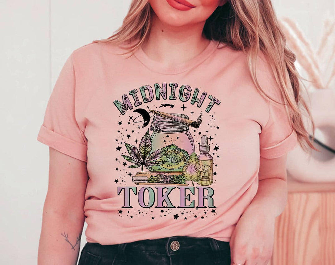 "Midnight Toker Hippie" design on a peach unisex t-shirt