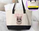 "Feral Vogue Raccoon" design on a natural canvas zippered tote bag