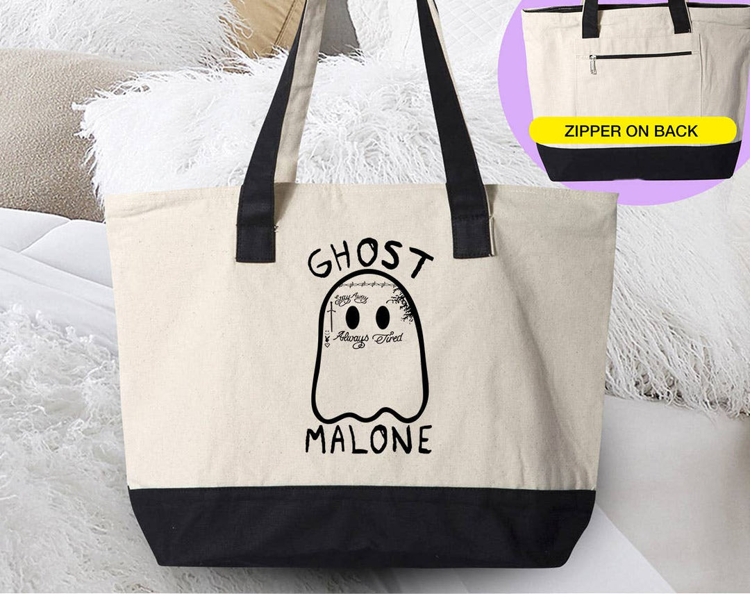 "Ghost Malone" design on a natural canvas zippered tote bag