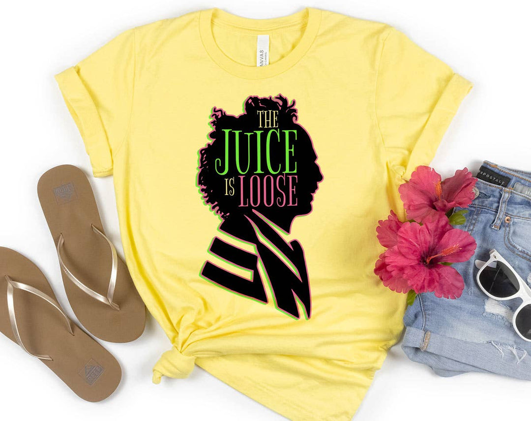 "The Juice Is Loose" design on a yellow unisex t-shirt