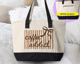 "Coffee Addict Striped Bow" design on a natural canvas zippered tote bag