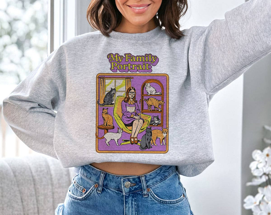 "My Family Portrait Funny Retro Cat" design on an ash gray unisex crewneck sweatshirt