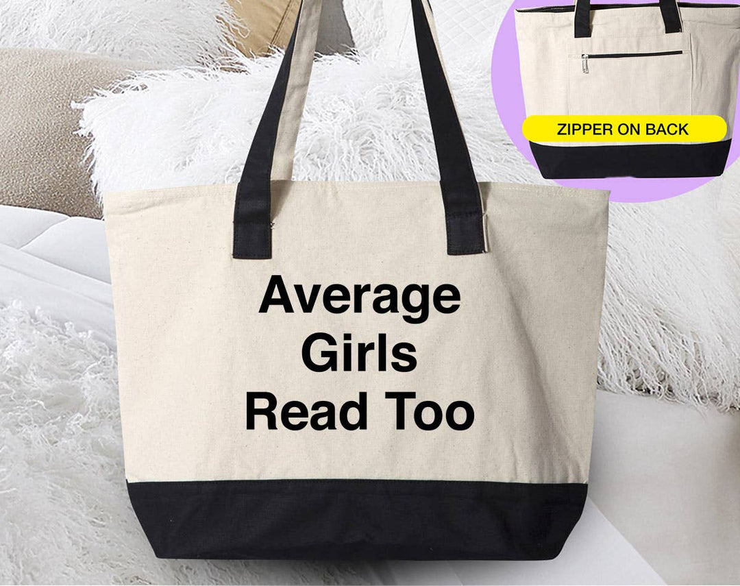 "Average Girls Read Too Hot Girl Trademark Book" design on a natural canvas zippered tote bag