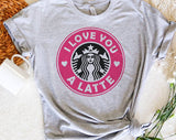 "I Love You A Latte Pink Coffee Logo" design on a heather gray unisex t-shirt
