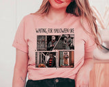 "Waiting For Halloween Like Horror Movies" design on a peach unisex t-shirt