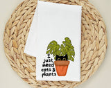 "I Just Need Cats And Plants" design on a white 28 x 28 inch flour sack tea towel