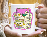 "Feel Your Feelings And Order Takeout" design on a white ceramic coffee mug