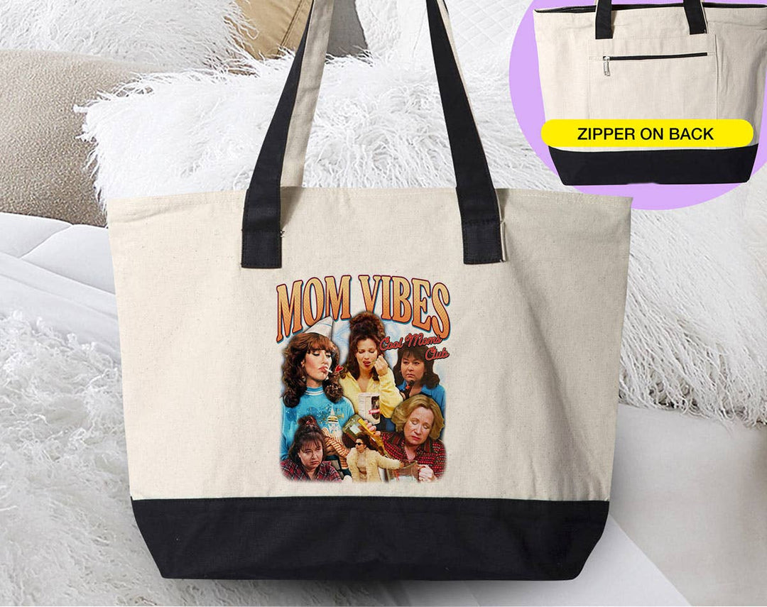 "Mom Vibes Peg Rosanne" design on a natural canvas zippered tote bag