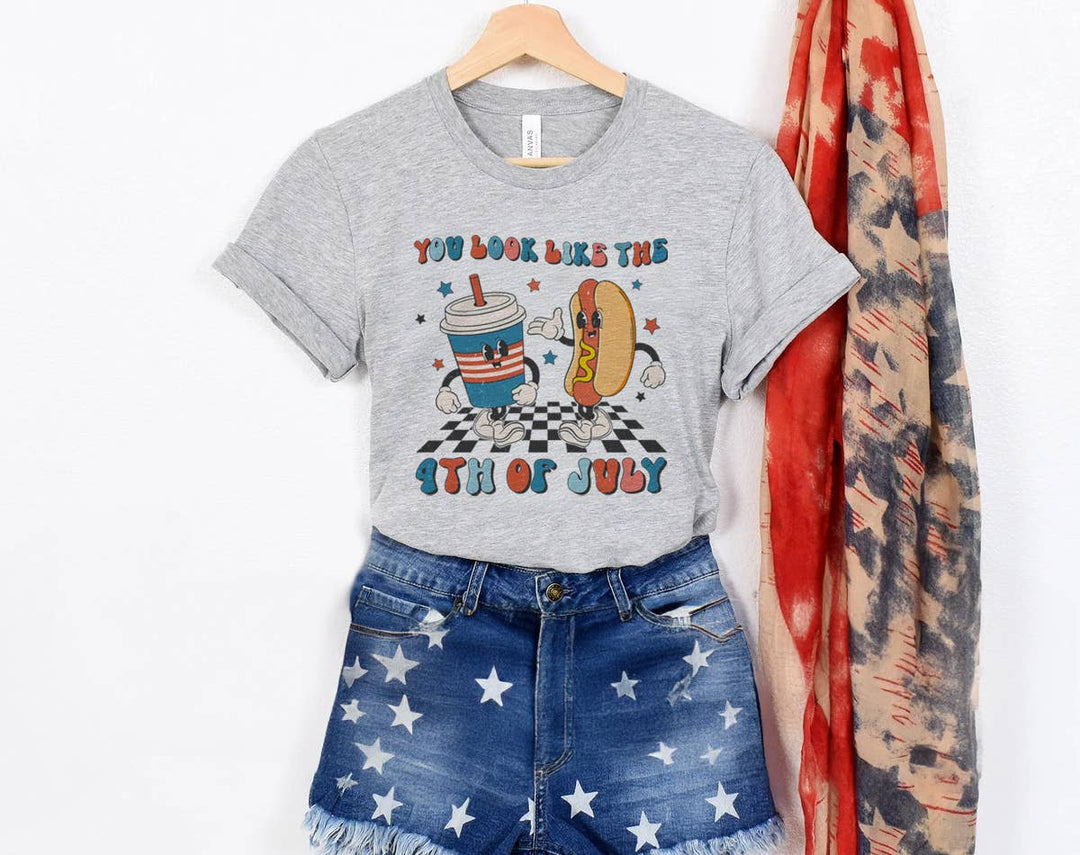 "You Look Like The 4th Of July Retro" design on a heather gray unisex t-shirt