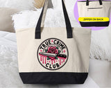 "True Crime Club Rose" design on a natural canvas zippered tote bag
