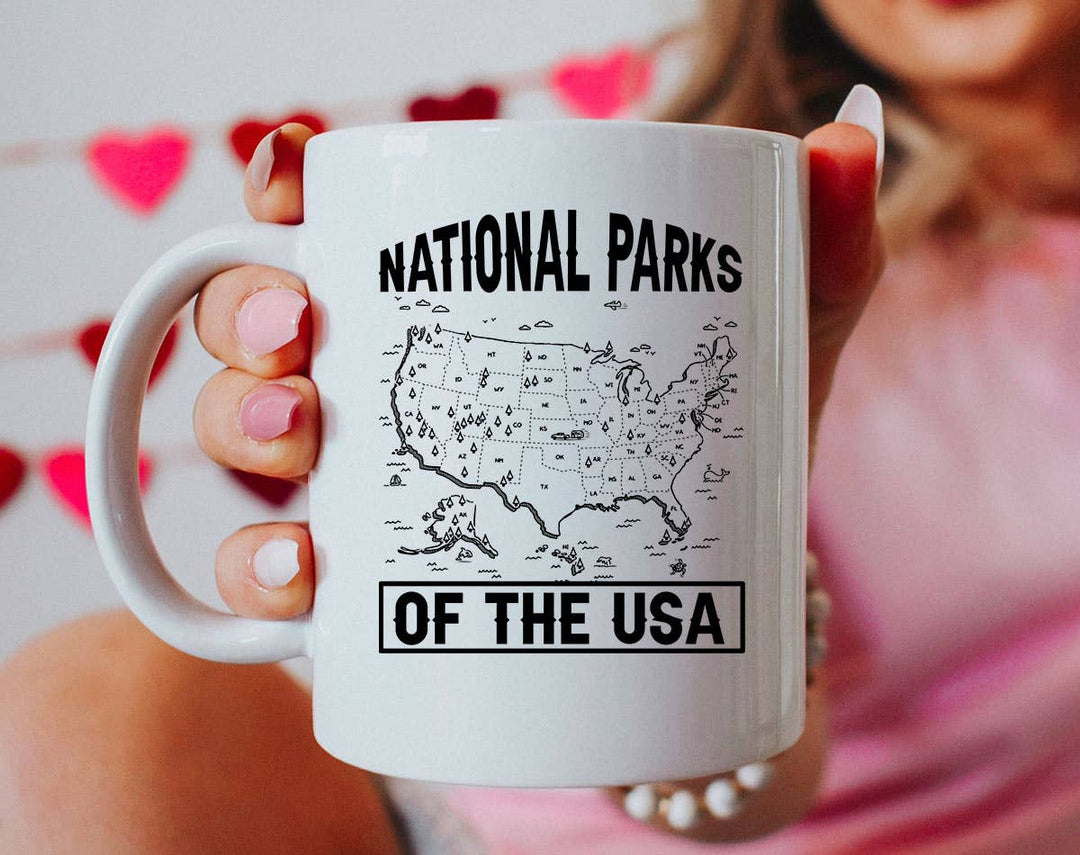 "National Parks USA Map" design on a white ceramic coffee mug