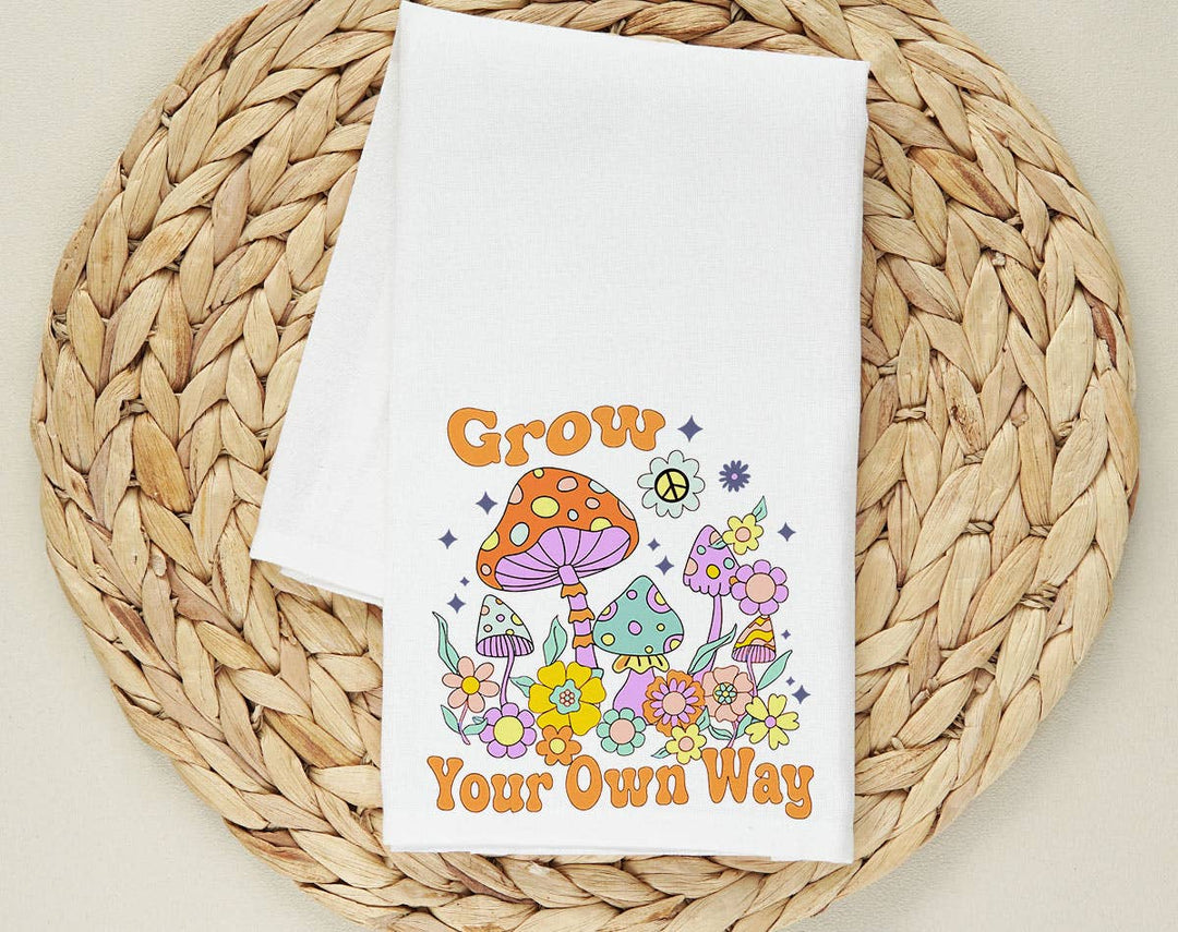 "Grow Your Own Way Mushroom" design on a white 28 x 28 inch flour sack tea towel