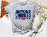 "Anyone Under 80" design on a heather gray unisex t-shirt