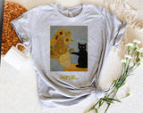 "Oopsie Van Gogh Sunflowers Black Cat" design on a heather gray unisex t-shirt