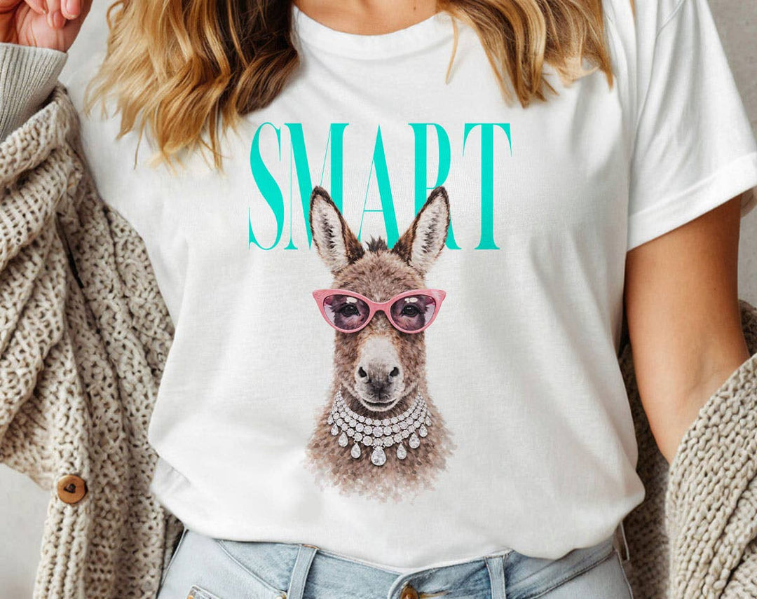 "Smart Donkey Vogue" design on a white unisex t-shirt