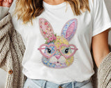 "Easter Bunny Heart Glasses Patchwork" design on a white unisex t-shirt