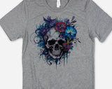 "Floral Blue Skull" design on a heather gray unisex t-shirt