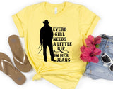 "Every Girl Needs A Little Rip In Her Jeans" design on a pale yellow unisex t-shirt