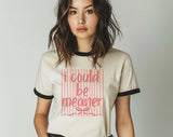 "I Could Be Meaner Striped" design on a natural ringer t-shirt with black contrast trim
